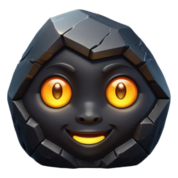 Single black obsidian rock character, thick and heavy with sharp facets and subtle reflections, carved cute face with glowing round eyes and a small smile, 3D render, high detail, soft backlighting, isolated on a plain dark background. sticker