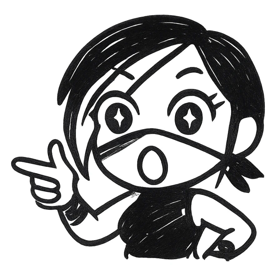 Make the expression even more weird-cute on a sexy chibi ninja girl with black short hair and a blonde streak, only head and arms, making a finger gun gesture, bold black outlines, transparent background, no mask, eyes wide open with stars, mouth open in a big O, sized for Twitch emoji use. sticker
