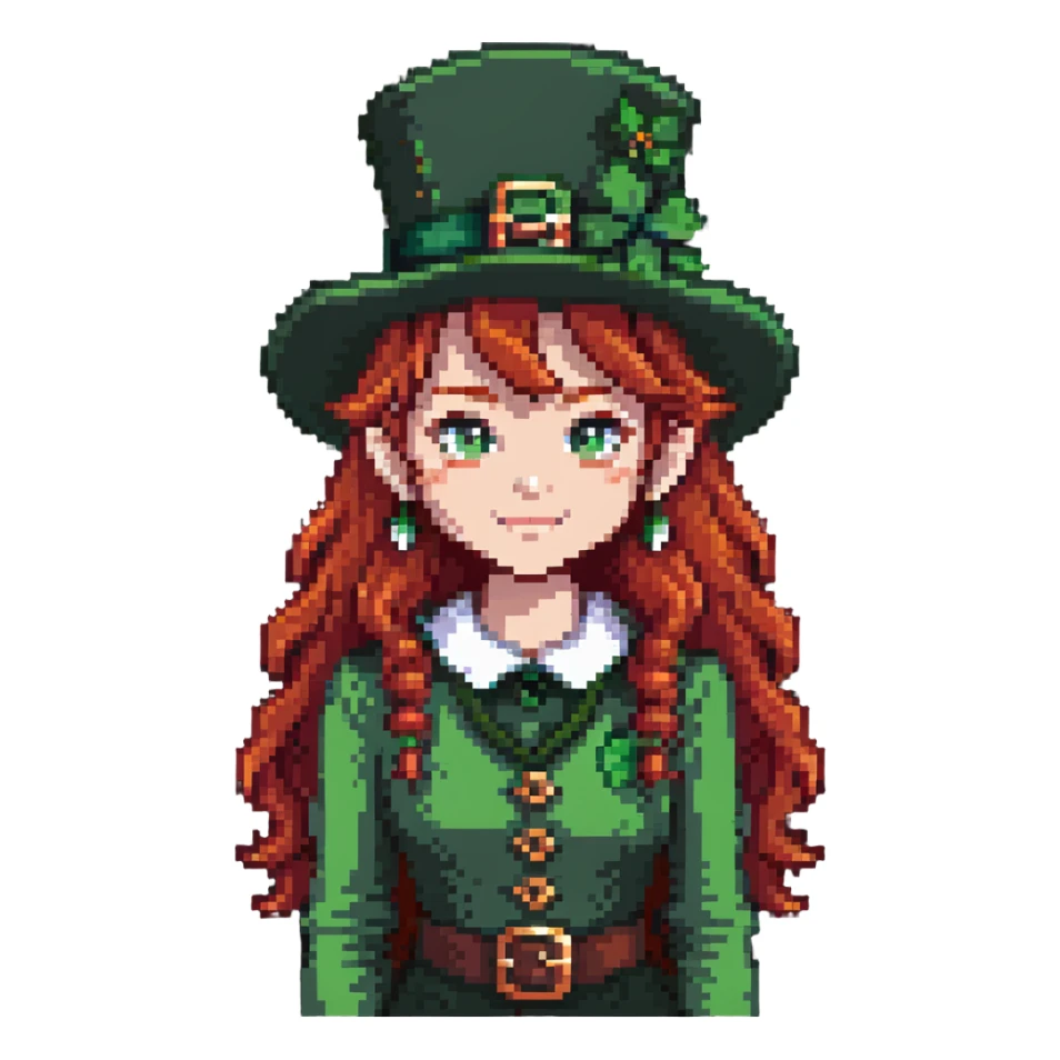 girl with red hair and brown eyes with a leprechaun sticker