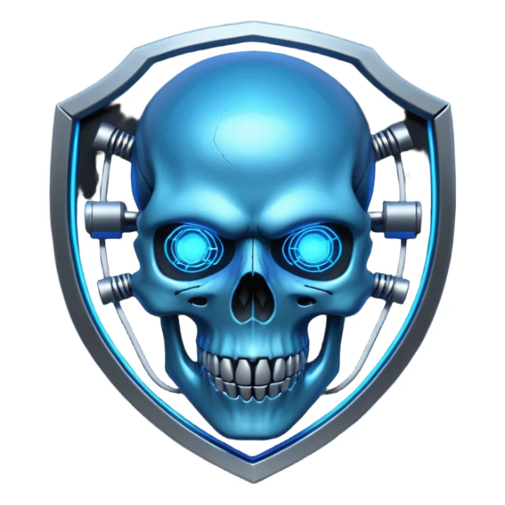 Cyberpunk shield, skull with cybernetic implants, glowing wires, dark electric blue and black tones, no background sticker