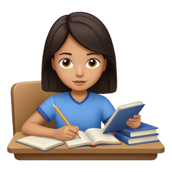A student with dark hair is reading a book and taking notes in a notebook. There are also papers and textbooks on the table. sticker