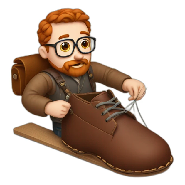 Red smooth haired man with beard and glasses hand sewing a leather saddle with needle and thread sticker