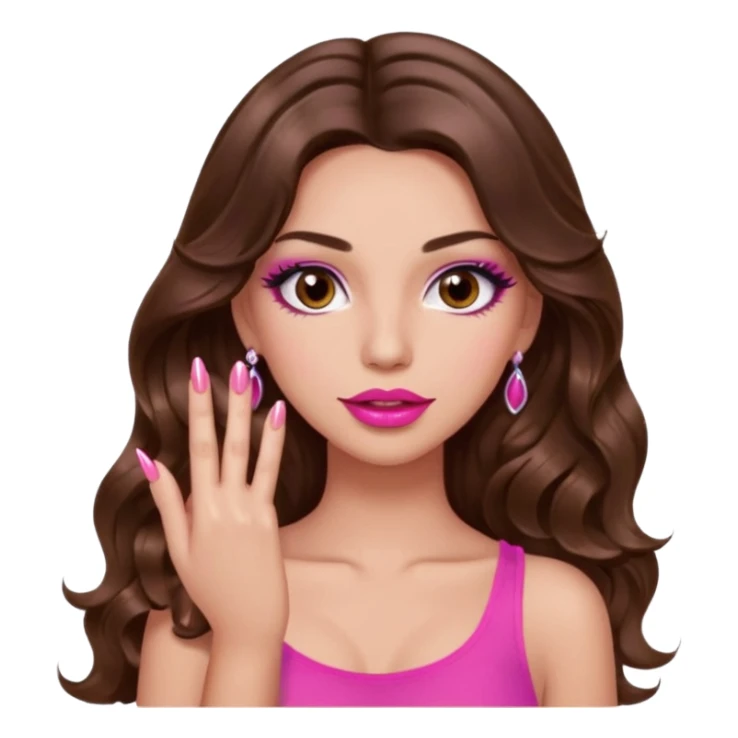 girl with long wavy brown hair, brown eyes, light to medium complexion, in a pink sexy top, pink lips, long lashes, puckered lips, showing my manicure one hand 5 fingers sticker