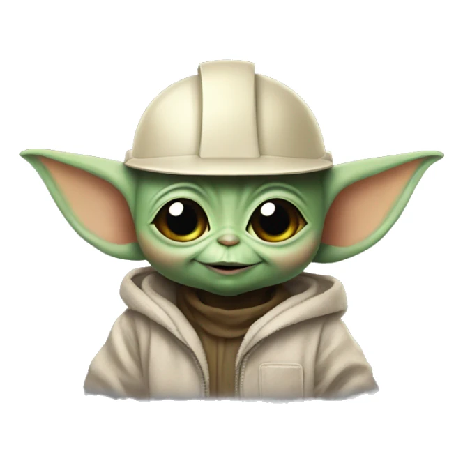 Baby Yoda in a construction helmet
 and smiling face sticker