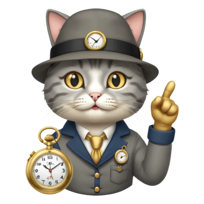 Chess cat pointing at a pocket watch wearing a hat sticker