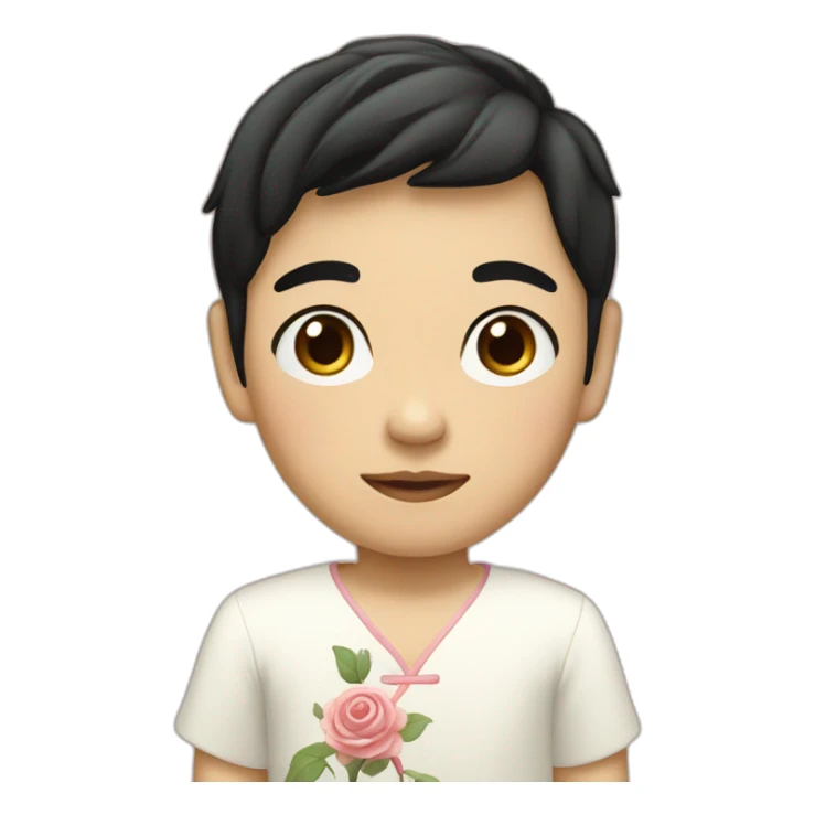 Asian boy, with black hair wearing a white dress with a rose pattern sticker