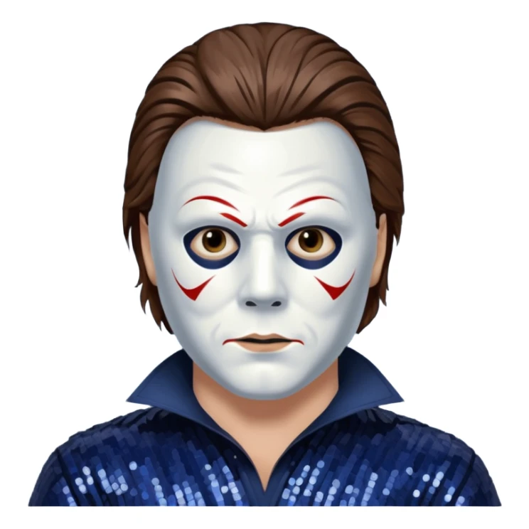 Michael Myers with white mask with brown hair, dark indigo sequin outfit  sticker