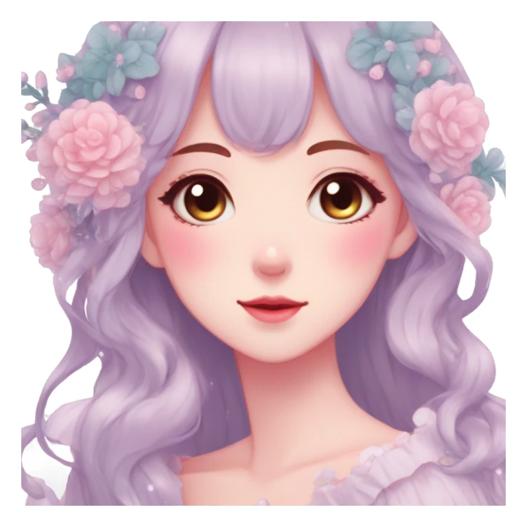 Gorgeous pastel anime style lady with blushing face and flowers cottagecore fairycore pastelcore colorful pearly romantic simplistic aesthetic trending style sticker