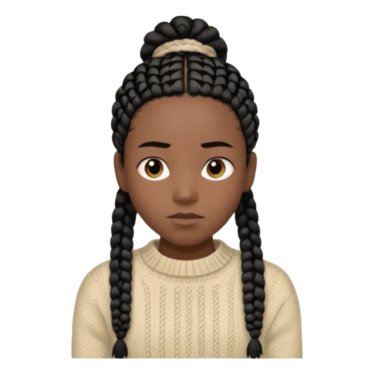 Her black skin glows warmly under the natural light, enhanced by the gentle textures of her knitted beige sweater and black hair in cornrows. her serene expression brings a quiet strength to the portrait.  sticker