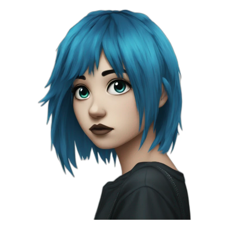 Side profile sad emo girl, black makeup, long choppy blue hair side bangs sticker