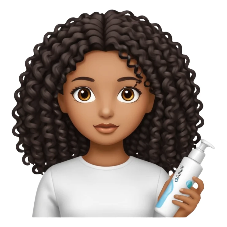 Uma boneca morena com olhos castanhos e cabelo cacheado longo preto, com creme de pentear na mão da Salon line sticker