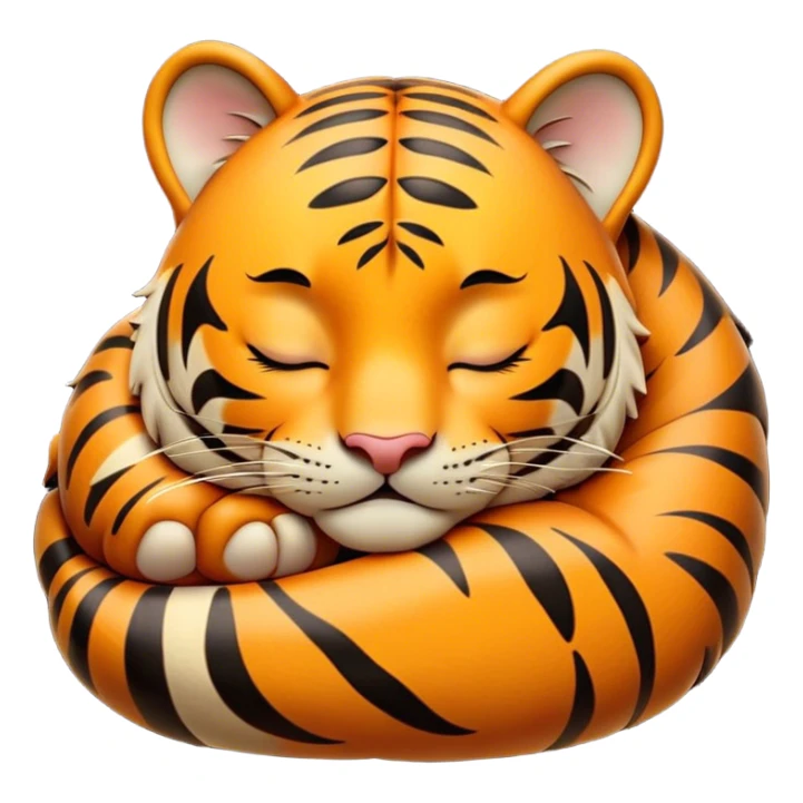 Meme-Worthy cute Sleeping Tiger Portrait Emoji, Head resting peacefully with a contented smile, showcasing a luxuriously striped form and eyes gently closed in serene slumber, Simplified yet comically adorable features, highly detailed, glowing with a soft, drowsy wild light, high shine, relaxed and utterly lovable, stylized with an air of playful laziness, bright and heartwarming, soft glowing outline, capturing the essence of a sleeping tiger that feels destined to become the next viral icon of adorable rest! sticker