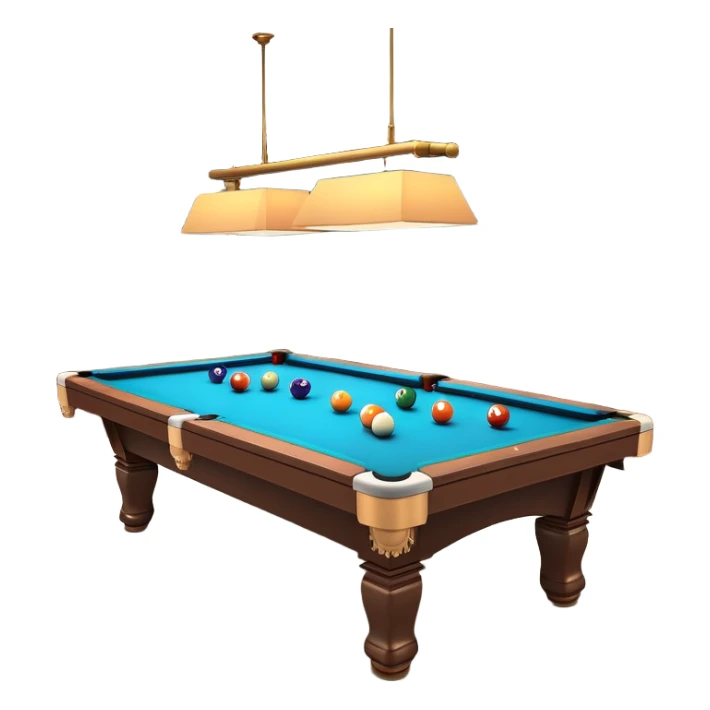 A well-arranged pool table with colorful billiard balls neatly placed, and a cue stick poised to take a shot. The setting is a dimly lit room with a focused atmosphere, highlighting the precision and strategy involved in the game of billiards. sticker