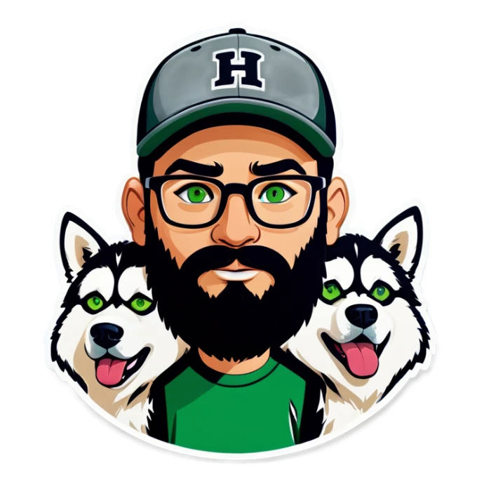 A bold man with a grey baseball cap, green eyes, big beard and glasses with a husky dog sticker