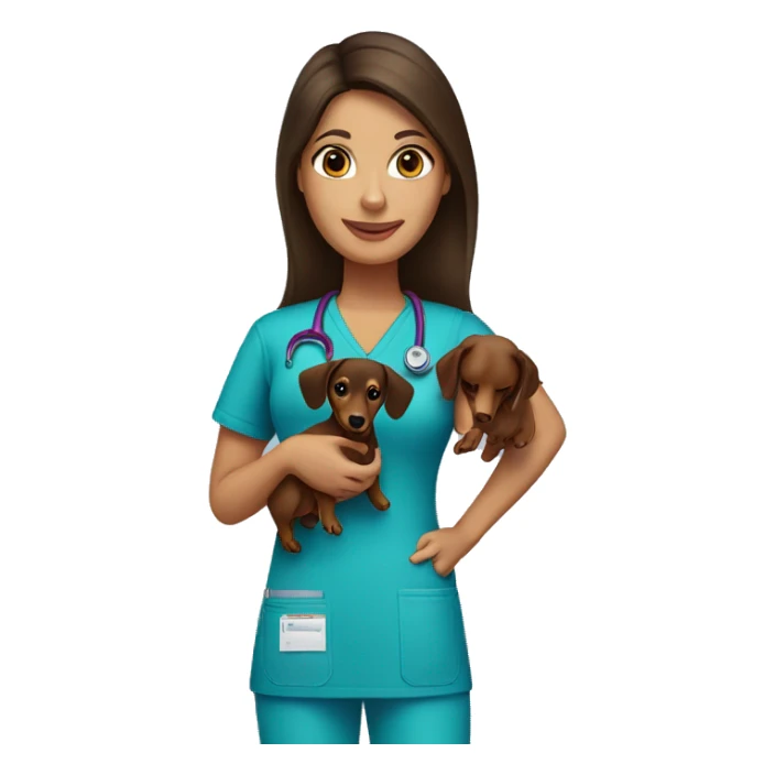 Brunette woman wearing scrubs holding a dachshund sticker