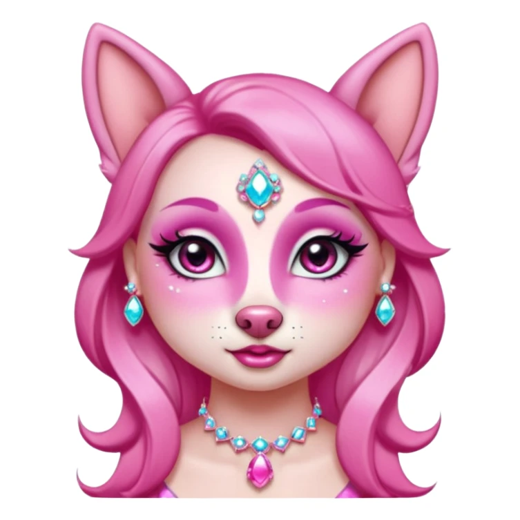 glamorous dog portrait, head and shoulders only, exaggerated pink makeup, bright eyeshadow, long eyelashes, shiny blush cheeks, sparkling face gems, glitter accents, elegant earrings, fantasy beauty style, cute 3D cartoon, mobile game icon style, clean background, no text, no watermark
 sticker