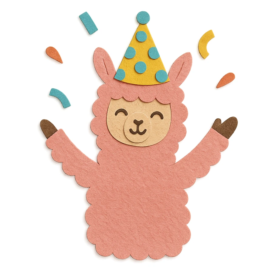 pink alpaca wearing a polka-dot party hat, throwing confetti, paper-craft style sticker