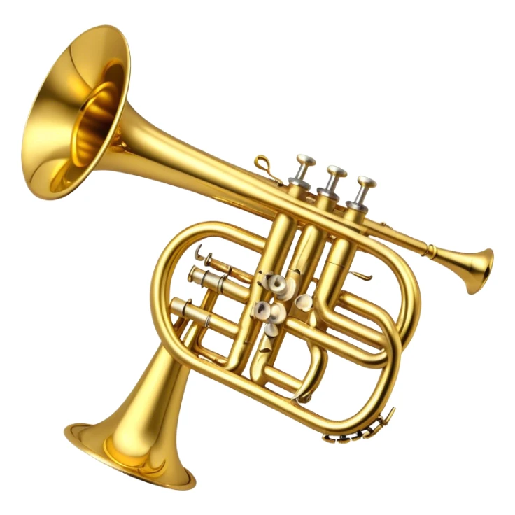 Create a professional and polished emoji representing the Brahner trumpet. The design should showcase the shiny brass body of the trumpet, with its distinct valves and bell. Highlight the smooth curves of the tubing and the elegant flared bell at the end. The valves should be visible with their metal buttons, and the mouthpiece should be positioned at the top of the instrument. Use bright gold and brass tones with reflective light effects to emphasize the trumpet’s polished, high-quality finish. Add subtle musical notes around the trumpet to evoke its bright, bold sound. The background should be transparent. sticker