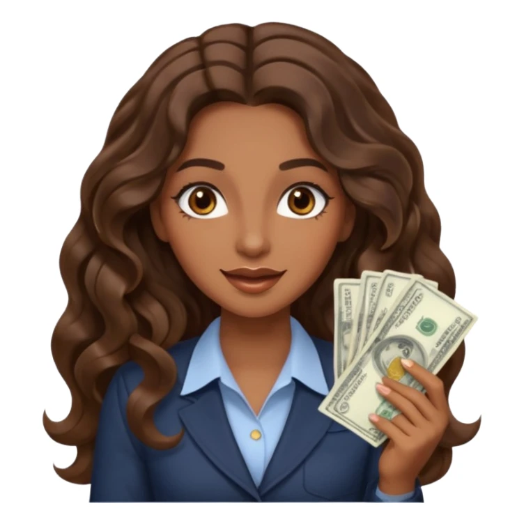 She has long, brown hair styled in soft wavy curls with a middle part. She has well-shaped eyebrows and dark brown eyes. She is wearing light makeup that highlights her natural beauty and is offering a slight smile to the camera. She is surprise when it comes to money sticker