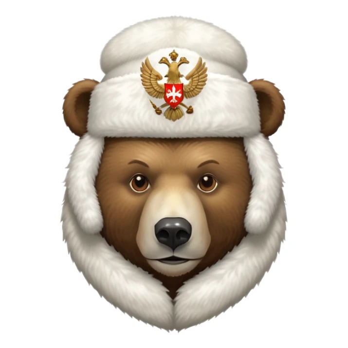 Russian brown bear head only, wearing white furry ushanka hat with realistic double-headed eagle coat of arms in the center, iOS emoji style sticker