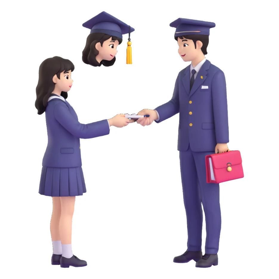 Japanese male high school student giving second uniform button to girl during graduation confession sticker