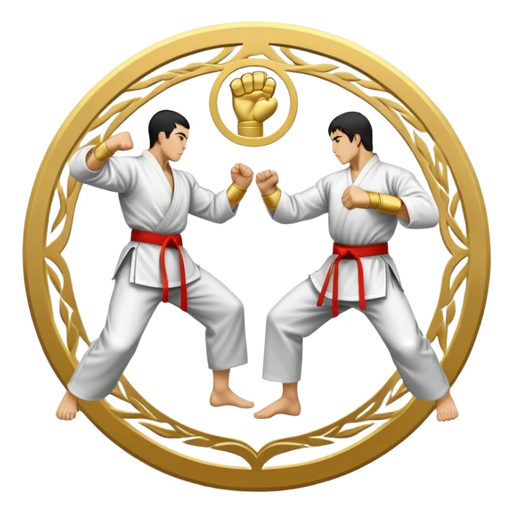 Round emblem symbolizing striking martial arts. The emblem features two fighters in dynamic stances, one delivering a powerful punch while the other defends with a block. In the center, a stylized fist and foot crossed to represent the essence of striking.  sticker