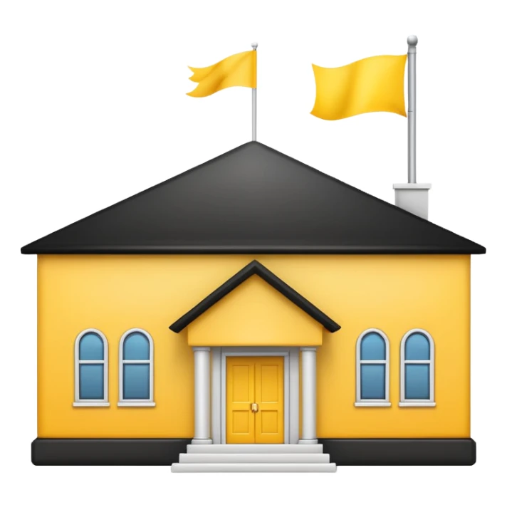 simple school, white background, magic school, black roof, with a big flag, big flag on a roof, big yellow flag, white school sticker