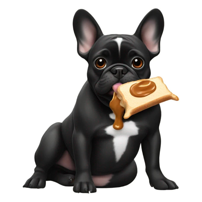 A black French bulldog eating peanut butter sticker