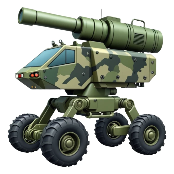 a 4-wheel armored camouflage army massive mech trail vehicle shooting forward side-hill leaning actively independent suspended pod gimbal enemy mech off-road racing rover with large fast engine  sticker