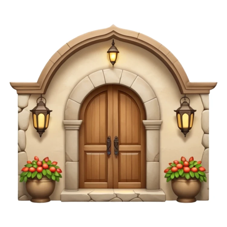 3D Apple-style emoji of a full traditional Turkish han. Rounded stone building with arched wooden doors and windows, small courtyard, fountain, arches, and hanging lanterns. Glossy, smooth, soft shadows, clean white background.






 sticker