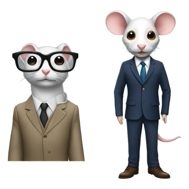 A human in a class suit and shoes with a rat head with glasses sticker