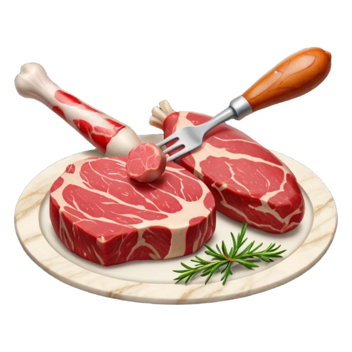 A raw red steak with visible marbling placed next to a small chicken drumstick. sticker