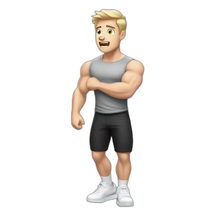 amazed Open with surprise mouth Pale skinned Fit Man With the biceps and dark brown hair in black shirt, gray sports shorts and white Sneakers sticker