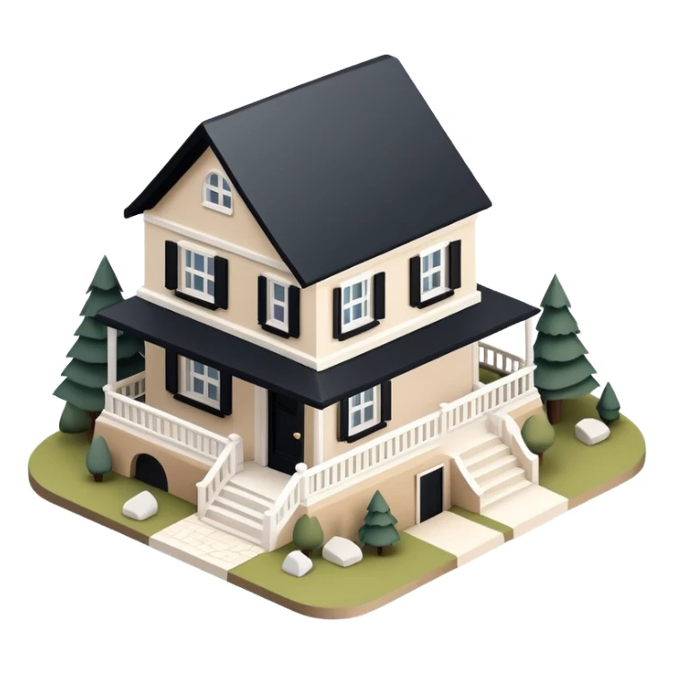 Isometric exterior little black, beige, and white mountain house, dollhouse style 3D realistic  sticker