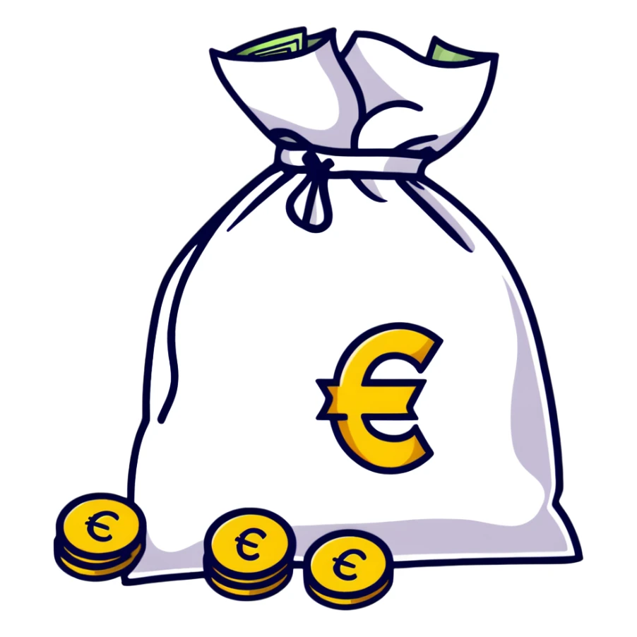 money bag with euro symbol, slight glow, coins spilling out sticker