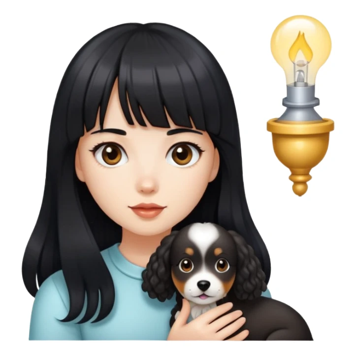 A beautiful girl with long straight black hair and bangs holding a light-colored curly dog sticker