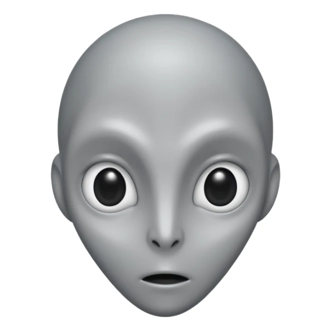 Portrait of a grey alien with large black eyes, thin face, elongated head, smooth grey skin, minimalist design sticker