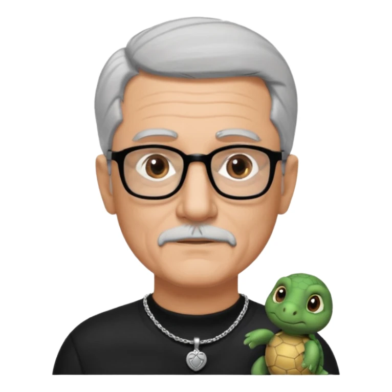 Tony Barceló is a strong, lively man in his 70s with short, neatly combed gray hair and a trimmed goatee. He has a broad face, square glasses, and a confident presence. He wears a black outfit with a silver turtle necklace, reflecting his thoughtful, creative energy as a writer. sticker