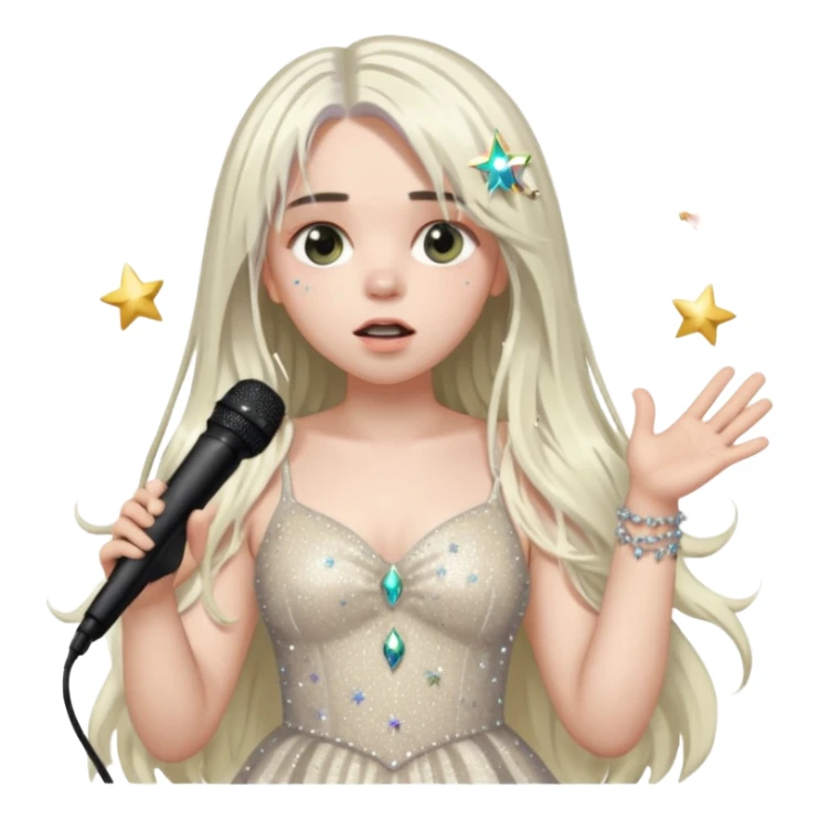 billie eilish is singing, 2 hands holding mirco and twinkle dresss, white long hair sticker