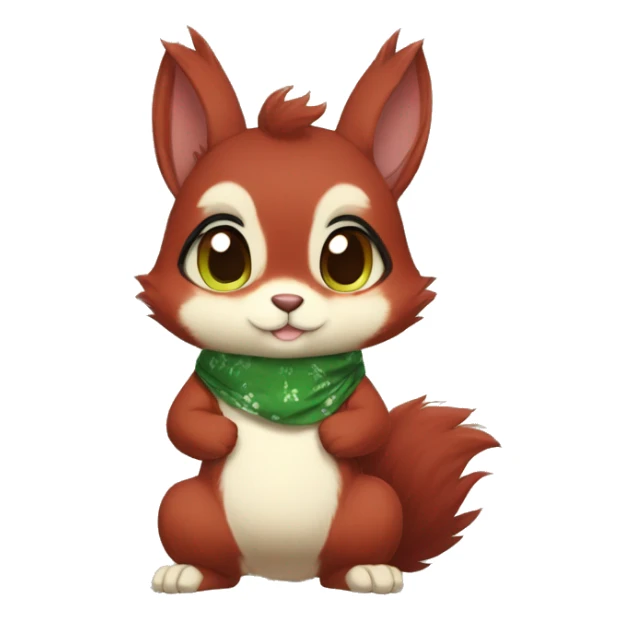 Cute, Chibi, chubby, fluffy, Kemono-style, Anthro, Fur-Sona, Dark-Red, Squirrel-Rabbit-hybrid-Fakémon, with a green bandana, full body sticker