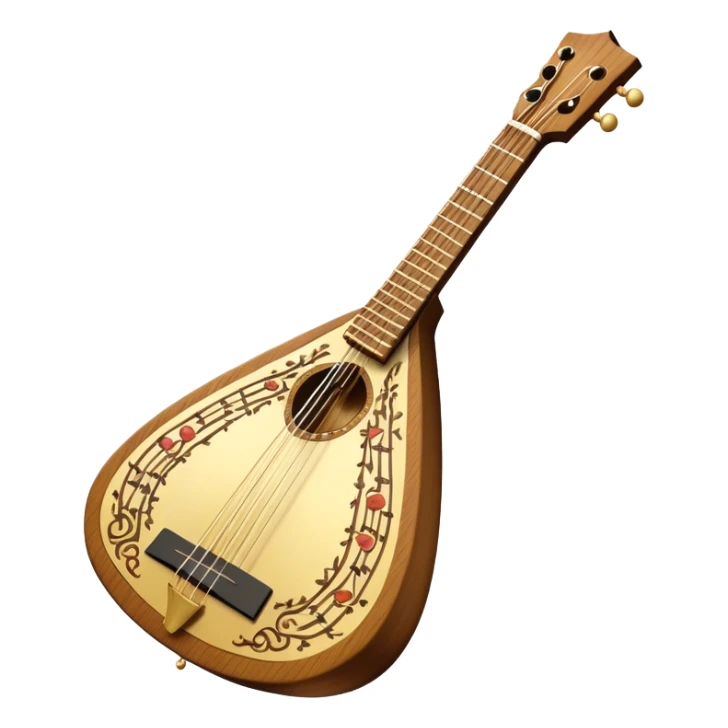 Create a refined and detailed emoji representing the 3-stringed Doff BCM balalaika. The design should feature the classic triangular shape of the balalaika, highlighting its smooth wooden body and high-quality finish. The three strings should be clearly visible, and the tuning pegs should reflect the craftsmanship of the instrument. Add subtle musical notes around the instrument to emphasize its melodic sound. Use rich wood tones, gold accents, and silver details to reflect the professional quality and elegance of the Doff BCM balalaika. The background should be transparent. sticker