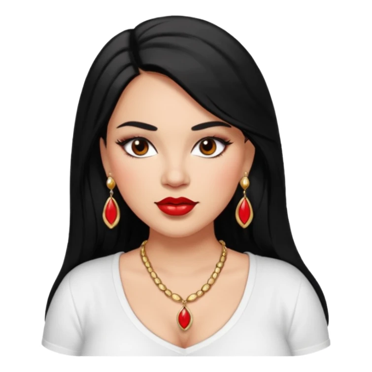 Mexican Light skin big brown eyes glamorous full figured women black medium straight hair red lips necklace and earrings long lashes white shirt  sticker