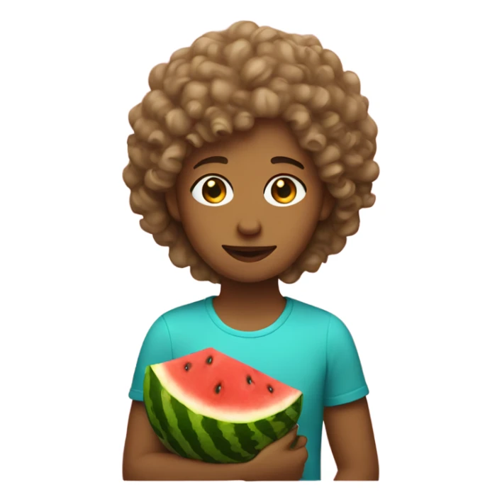 light brown with curly hair holding watermelon sticker