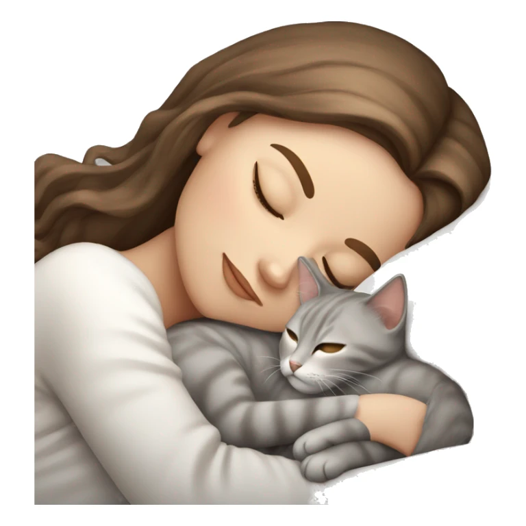 White girl brown hair sleeping with light grey kitty sticker