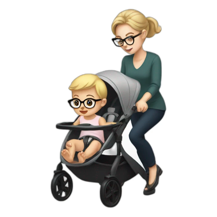 White women with brown hair and glasses pushing buggy with blonde baby sticker