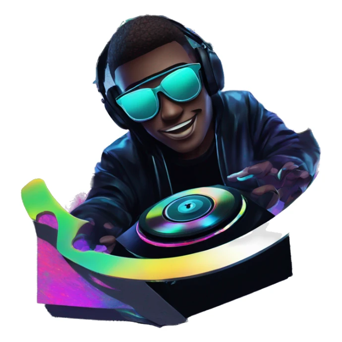 A dj wearing sunglasses playing music holding a cd record record, vinyl, oilslick holographic blacklight inverted graffiti dark dull sticker