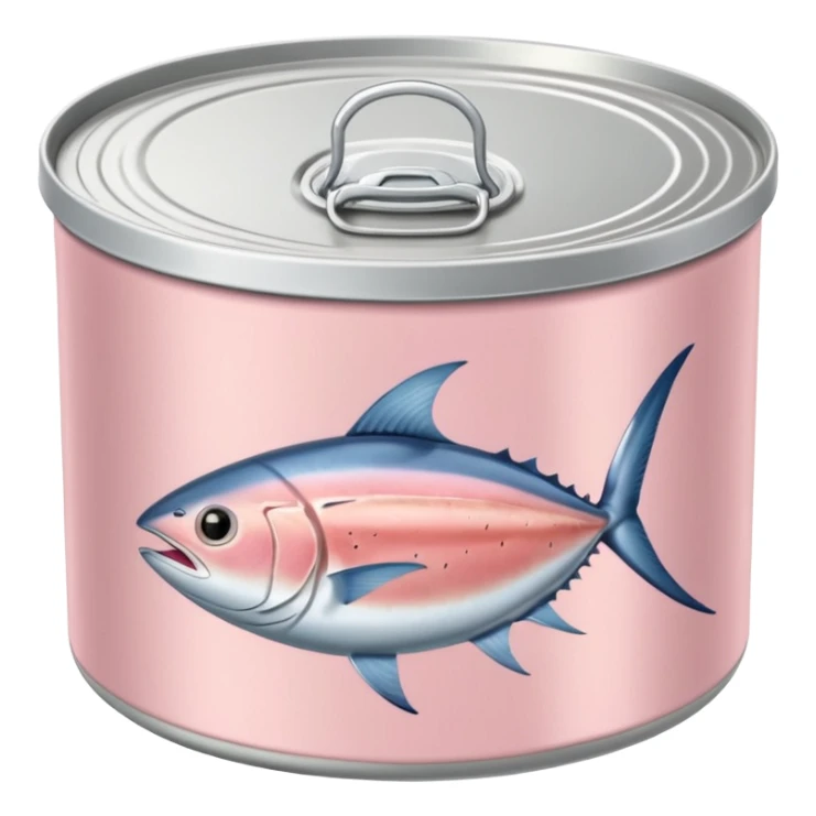 round can of tuna, metallic, closed or opened, tuna inside light pink to beige, moist and flaky, pull-tab lid, blank label in neutral tones, no text, 3D clean style, transparent background sticker