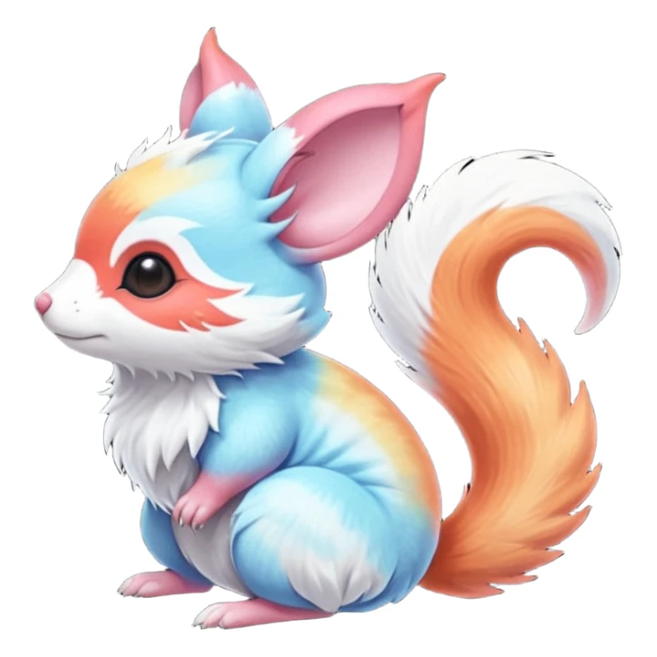  Shiny iridescent light warmly colored reddish-orange-gold-gradients neon vibrant bioluminescent colorful pastel flourishing flurry fuzzy Absol-Minccino-Furret-Zangoose-Chinchilla-Stitch-fusion-animal-Fakémon-hybrid-creature  sticker