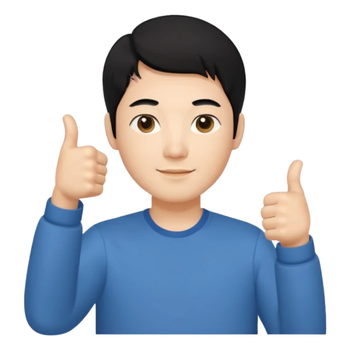 3D avatar of a Korean male frontend developer,
clean 5:5 middle part black hair,
no glasses,
close-up face portrait,
only head and one hand visible,
one hand making thumbs up gesture,
soft and friendly expression,
minimal style
 sticker