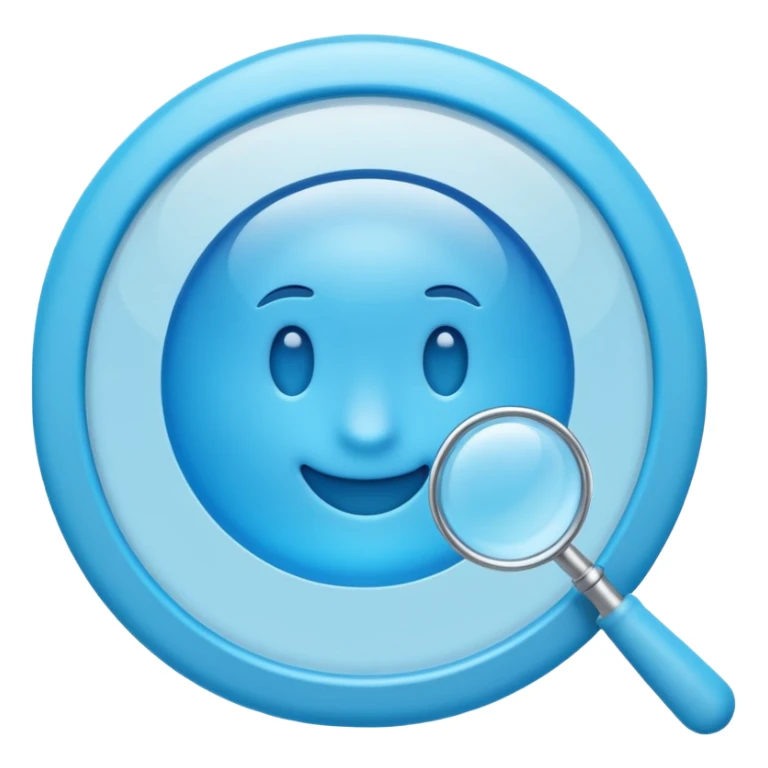 A 3D emoji-style magnifying glass, smooth rounded shapes, soft gradient blue ring, glossy plastic material, subtle highlights and reflections, simple minimal design, pastel blue color, slightly thick proportions, soft lighting, clean white background, modern emoji aesthetic, centered composition sticker